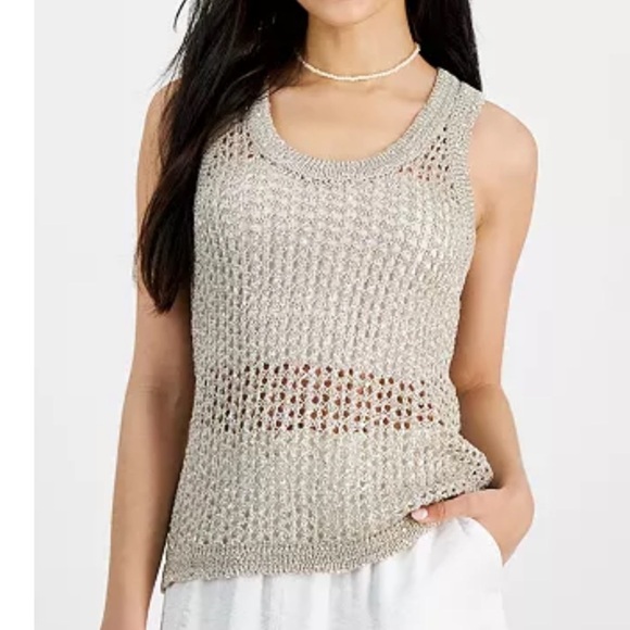 Bar III Plus Size Open-Stitch Metallic Threaded Swearer Tank Top - Picture 1 of 6